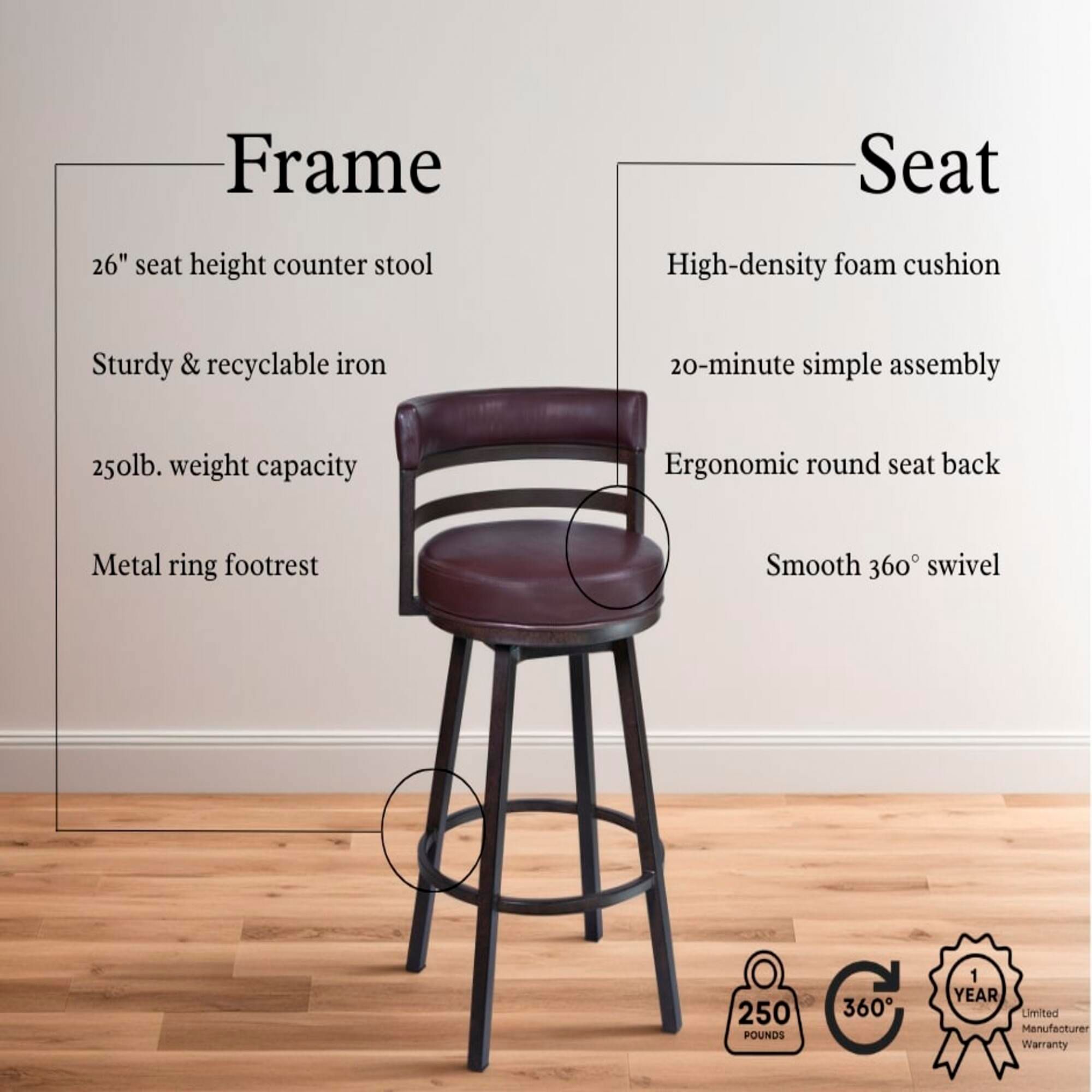 Titana 26" Brown Faux Leather Swivel Bar Stool