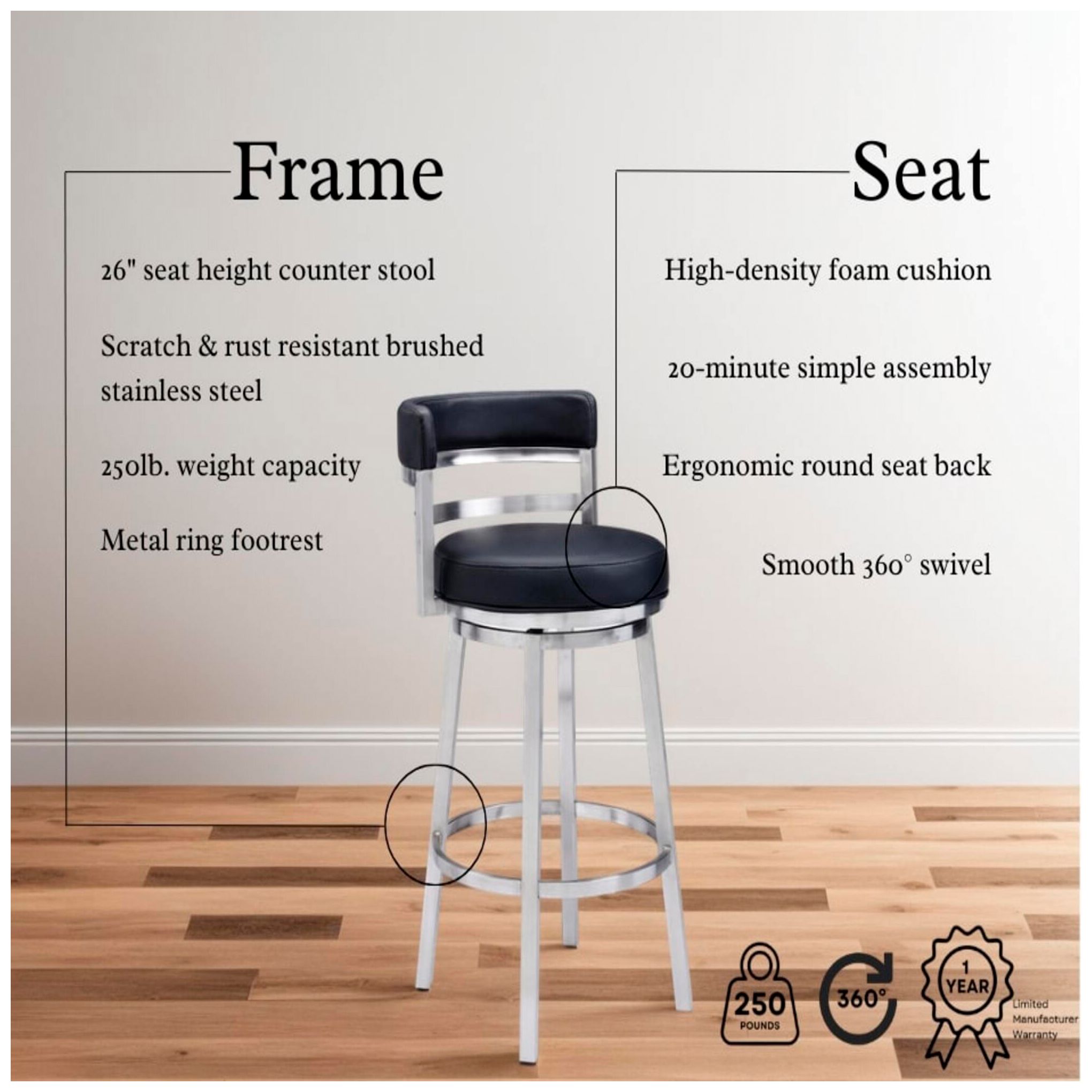 Titana 26" Brushed Stainless Steel Swivel Bar Stool