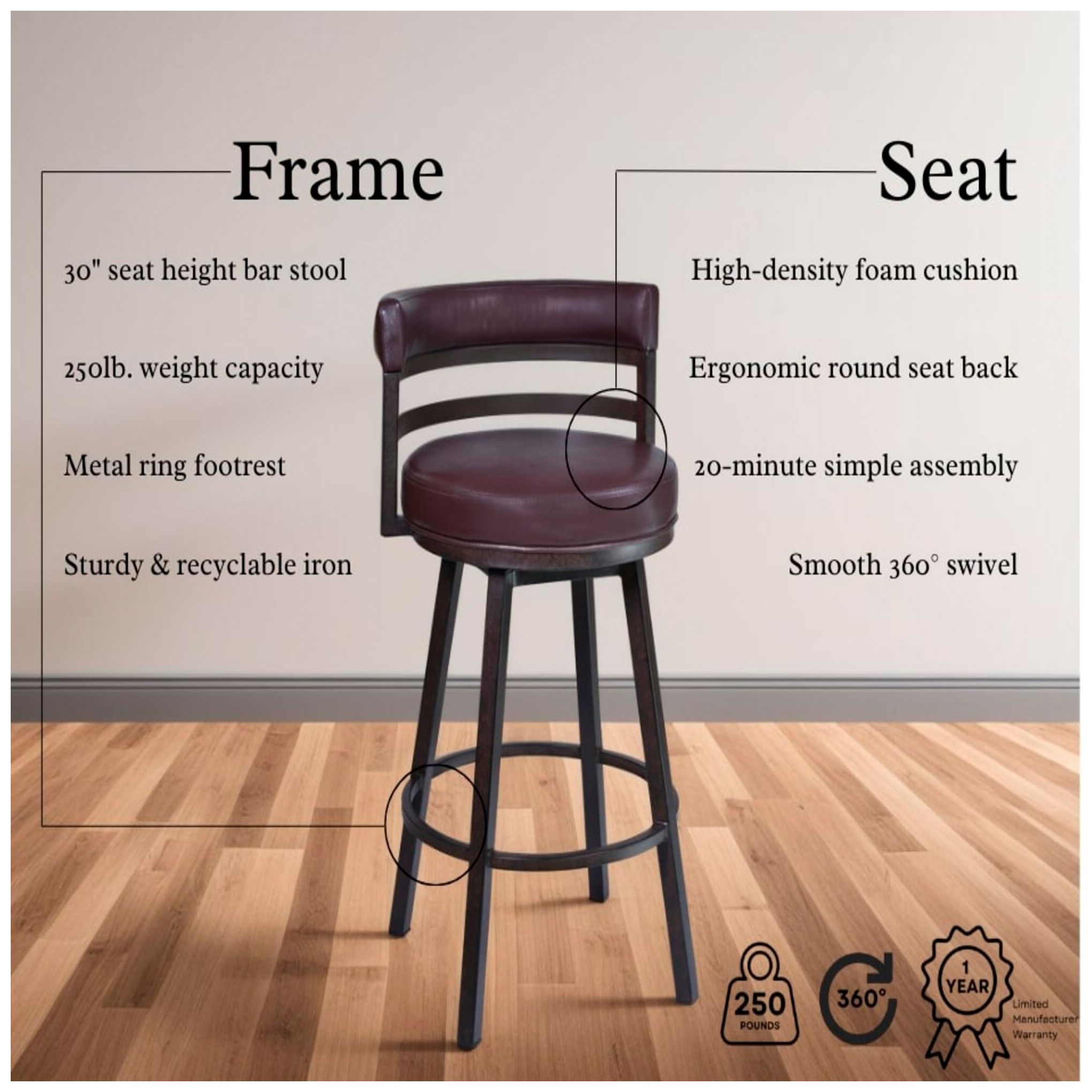 Image 6 Titana 30 in. Barstool in Auburn Bay Finish with Brown Upholstery more views