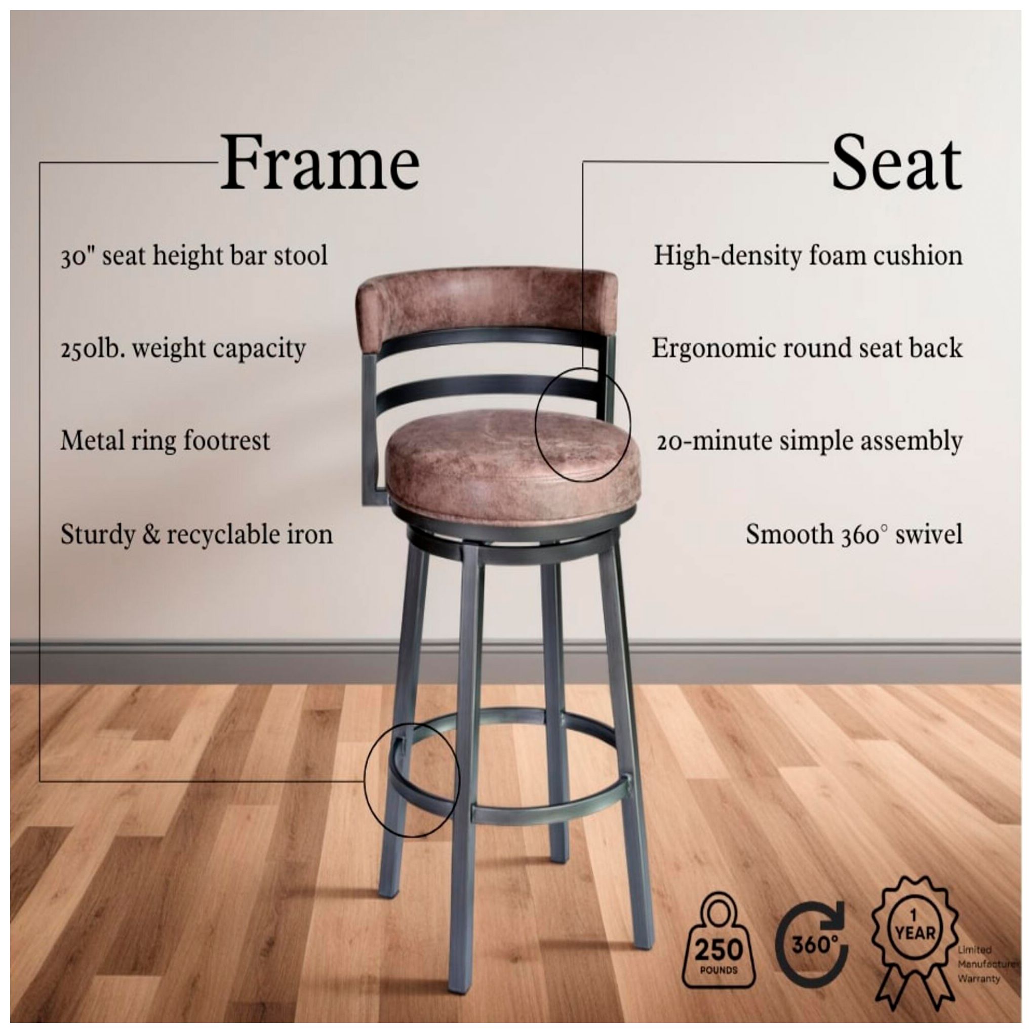 Titana 30 in. Barstool in Mineral Finish, Bandero Tobacco Upholstery