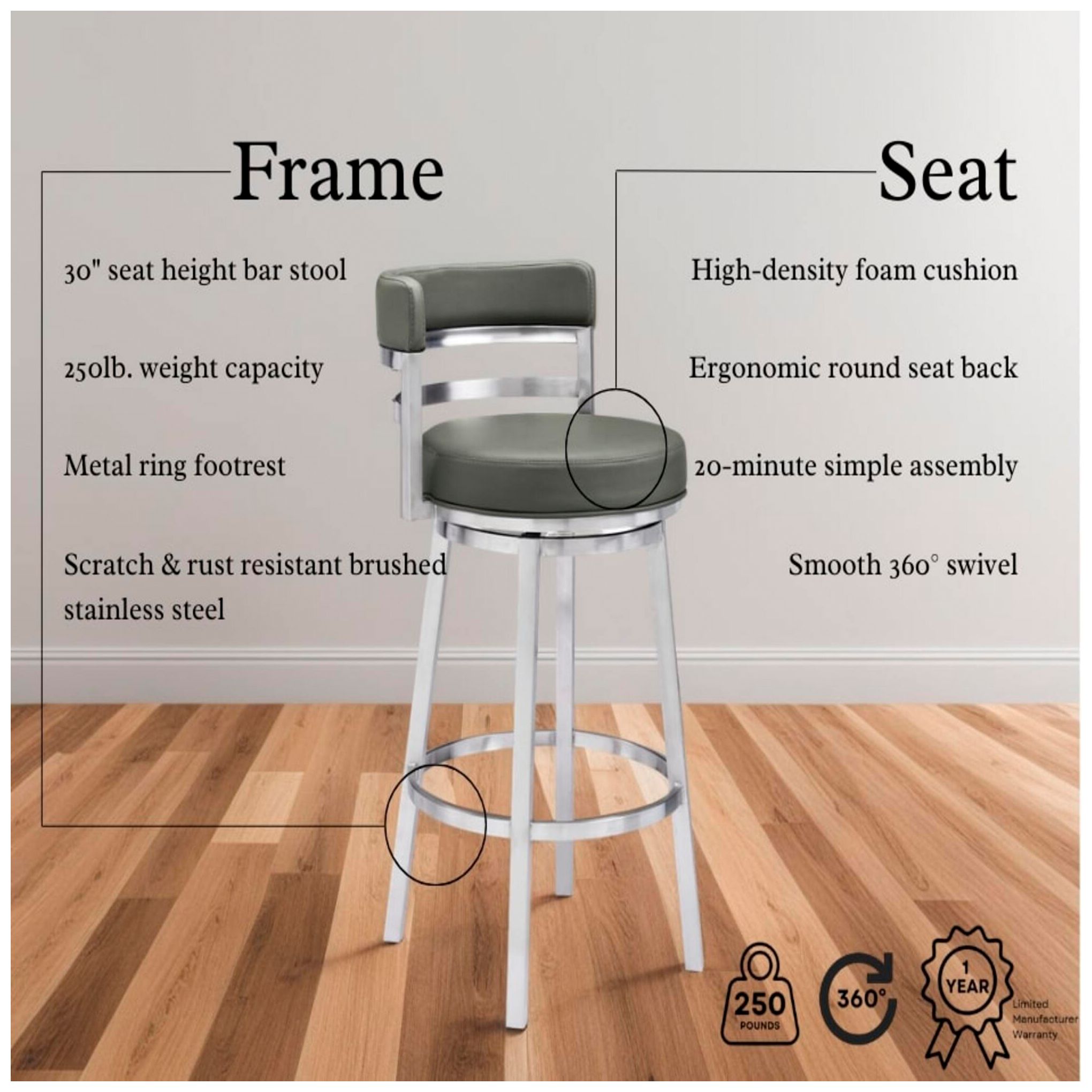 Titana 30" Gray Faux Leather Swivel Bar Stool