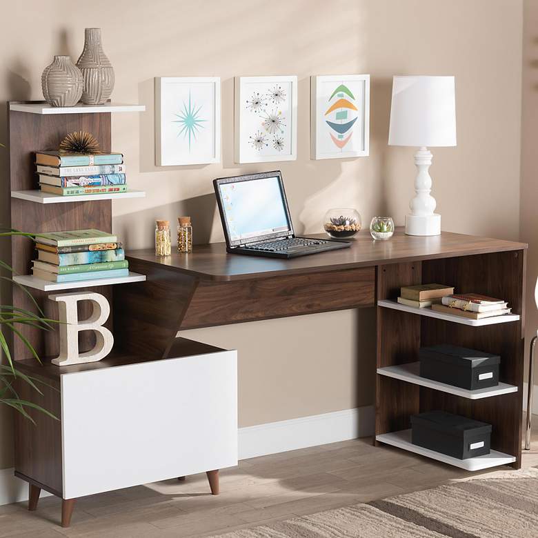 Image 1 Tobias 60 1/2 inch Wide White and Walnut 6-Shelf Computer Desk