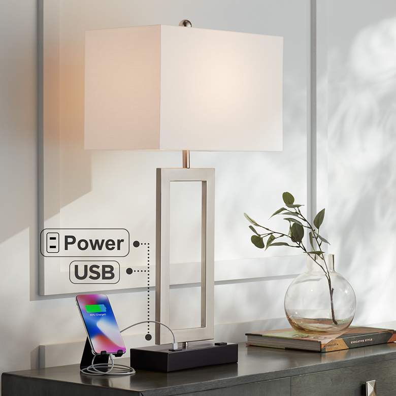 Todd Brushed Nickel Table Lamp with USB Port and Outlet