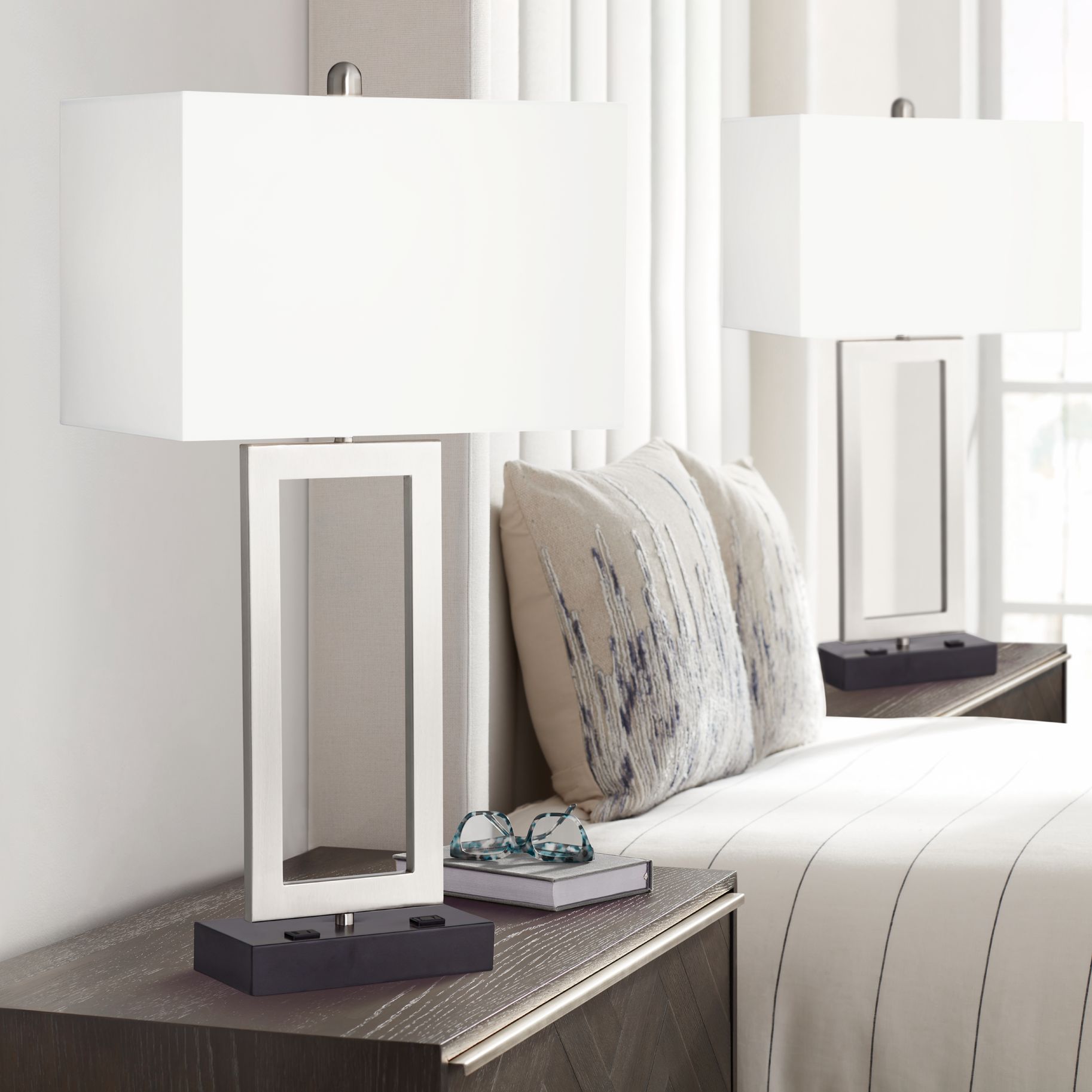 Todd Brushed Nickel Table Lamps with USB Port and Outlet Set of 2 223H7 Lamps Plus