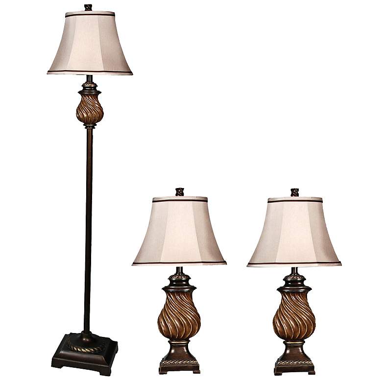 Image 1 Toffee Wood 3-Piece Table Lamps and Floor Lamp Set