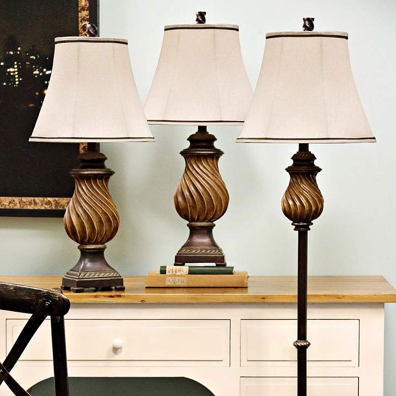 Image 3 Toffee Wood 3-Piece Table Lamps and Floor Lamp Set more views