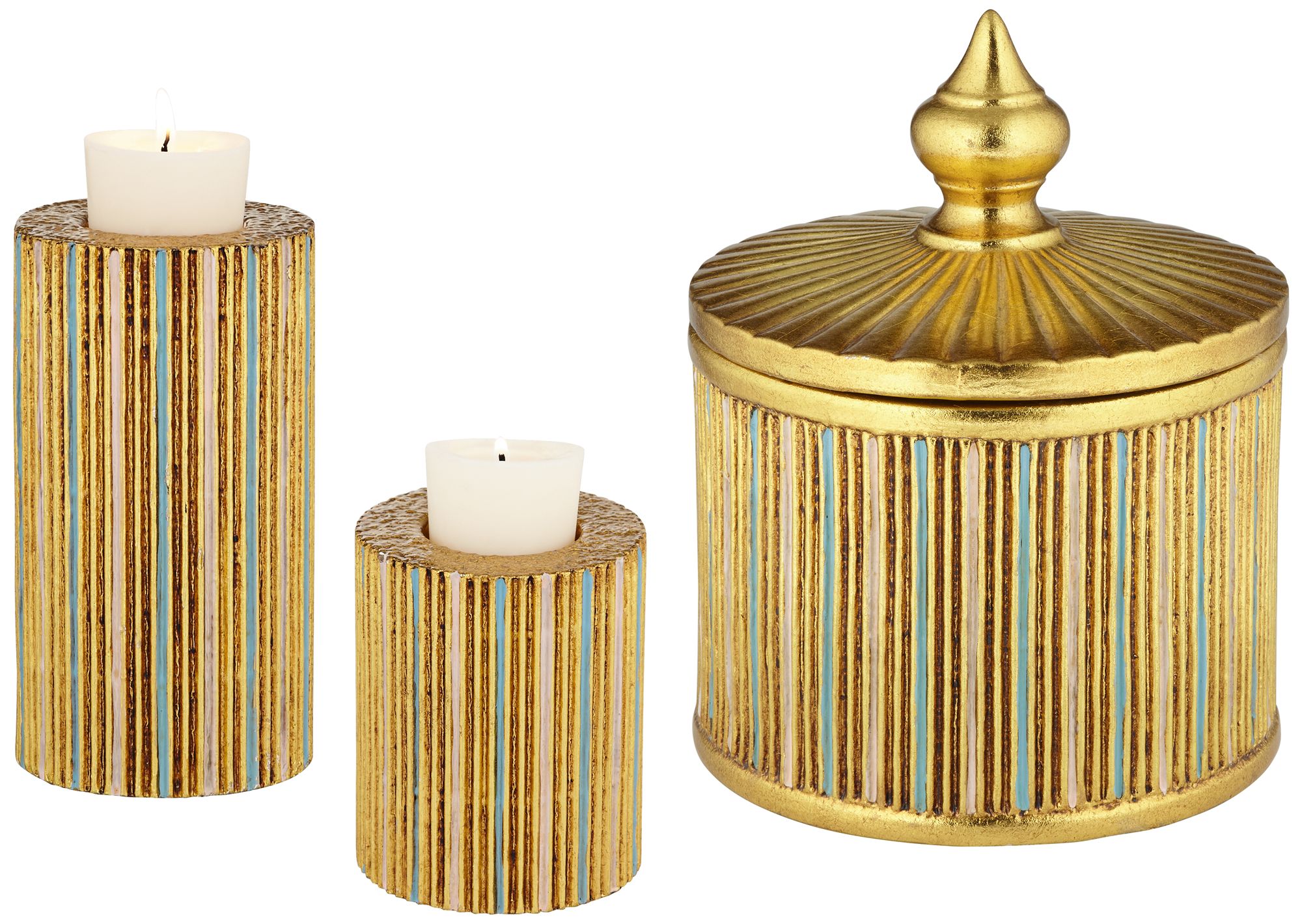 Tomak Gold 3Piece Pillar Candle Holder and Jar w/ Lid Set 334V4