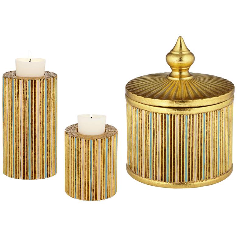 Image 1 Tomak Gold 3-Piece Pillar Candle Holder and Jar w/ Lid Set