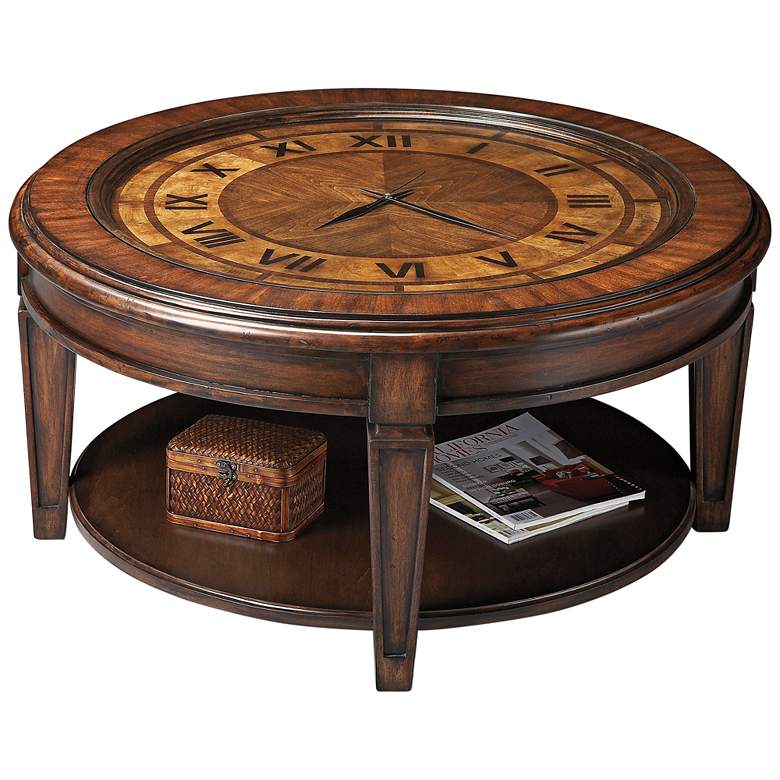 Image 1 Tome 40 inch Wide Wood and Glass Clock Face Cocktail Table