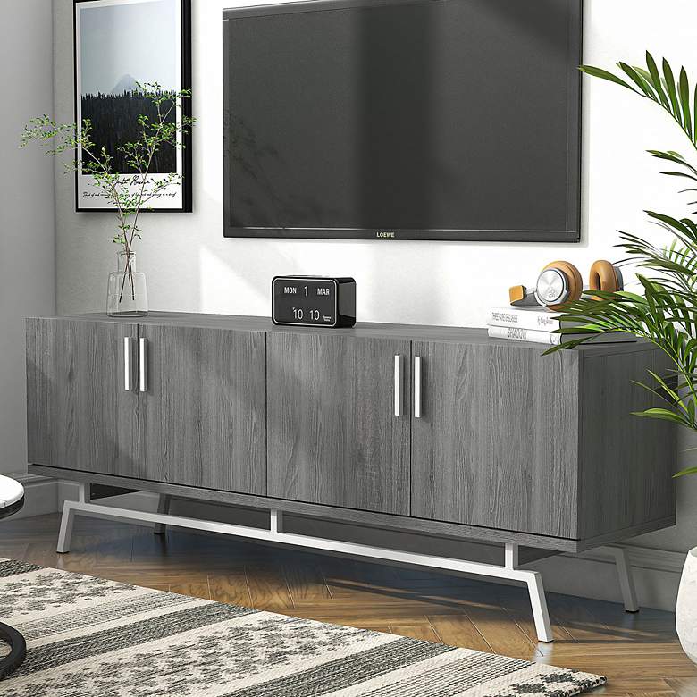 Image 1 Tomfaul 60" Wide Distressed Gray Wood 4-Door TV Stand