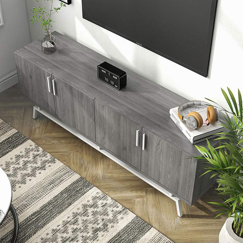 Image 7 Tomfaul 60" Wide Distressed Gray Wood 4-Door TV Stand more views