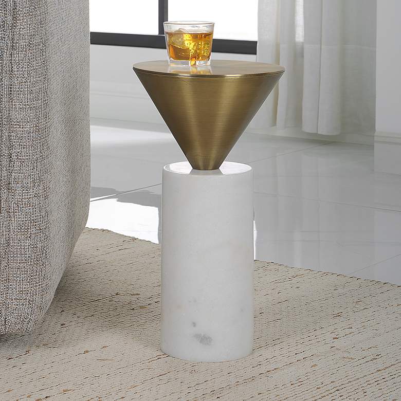 Image 1 Top Hat 8 3/4 inch Wide Brushed Brass White Marble Drink Table