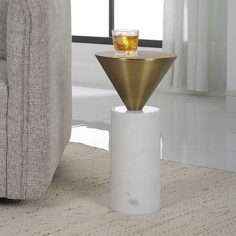 Image 1 Top Hat 8 3/4" Wide Brushed Brass White Marble Drink Table