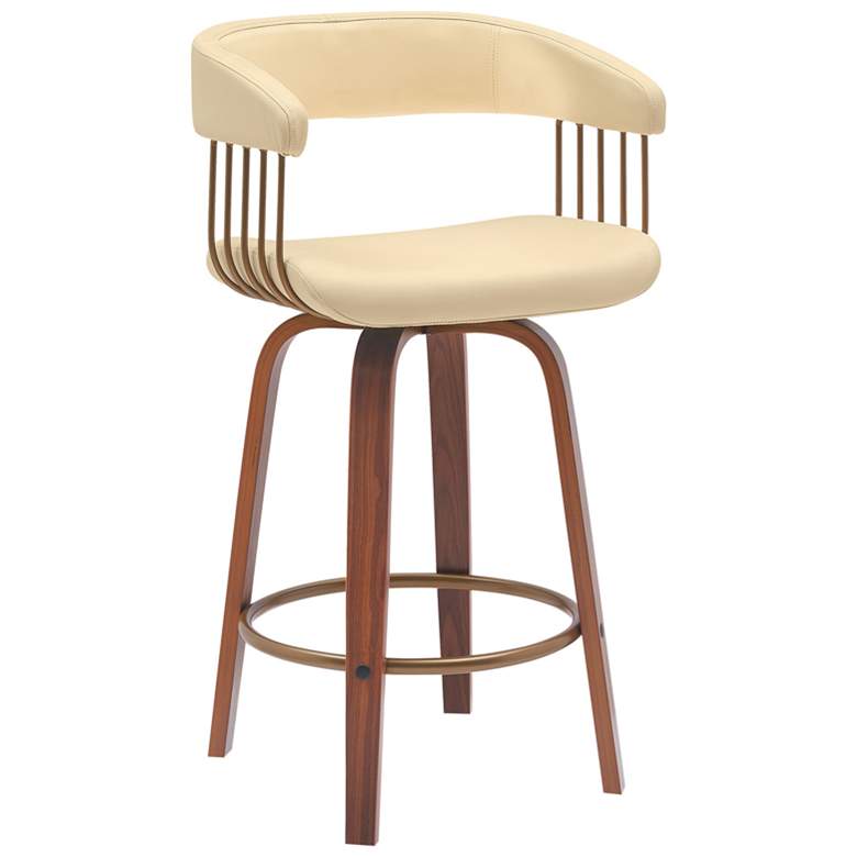 Image 1 Topanga 26 in. Barstool in Walnut Wood, Golden Bronze, Cream Faux Leather
