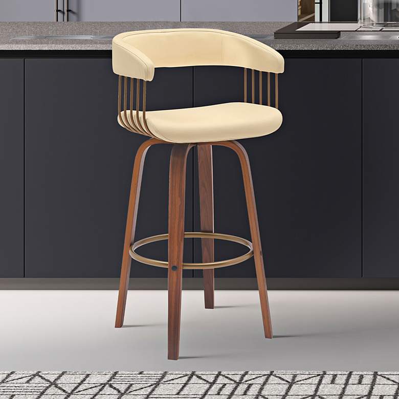Image 1 Topanga 30.5 in. Barstool in Walnut Wood, Golden Bronze, Cream Faux Leather
