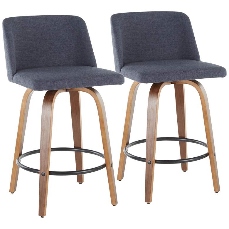 Image 1 Toriano Counter Stool in Walnut and Blue Fabric by LumiSource Pair