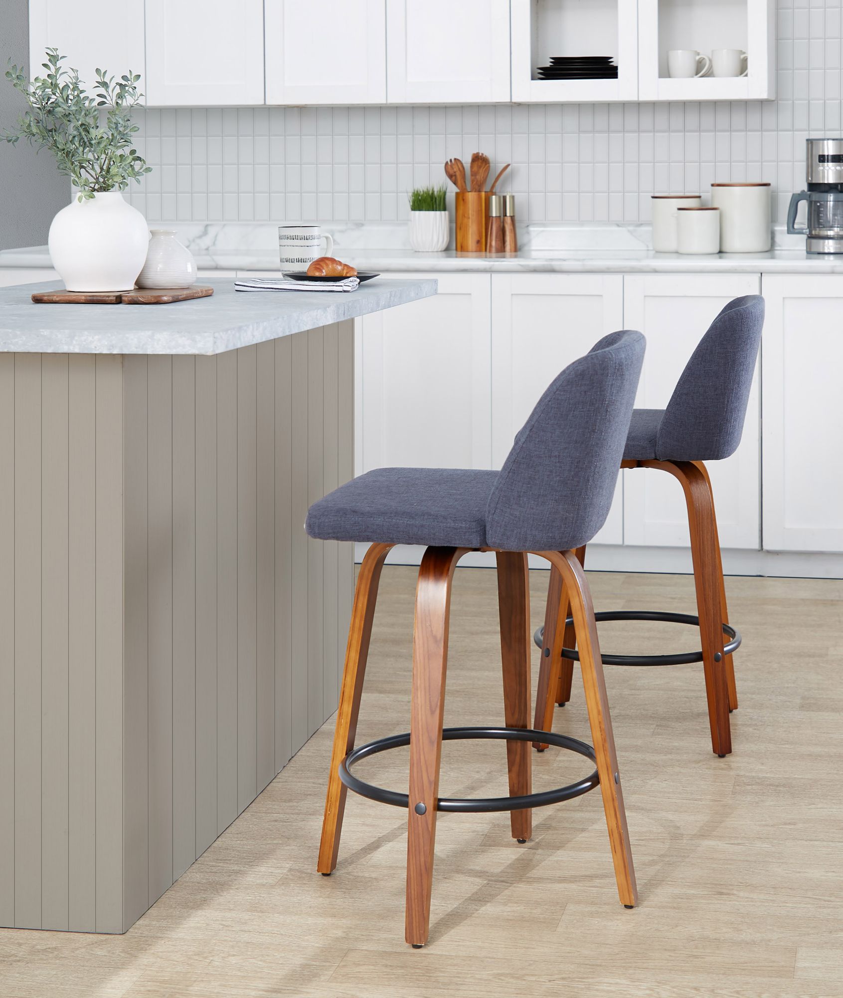 Toriano Counter Stool in Walnut and Blue Fabric by LumiSource Pair