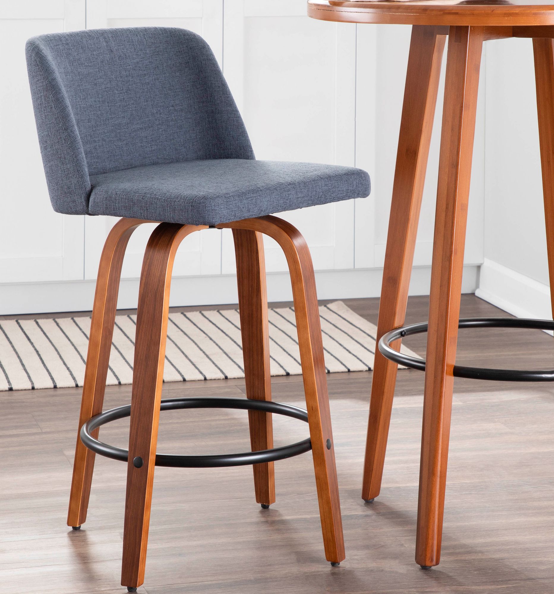 Toriano Counter Stool in Walnut and Blue Fabric by LumiSource Pair