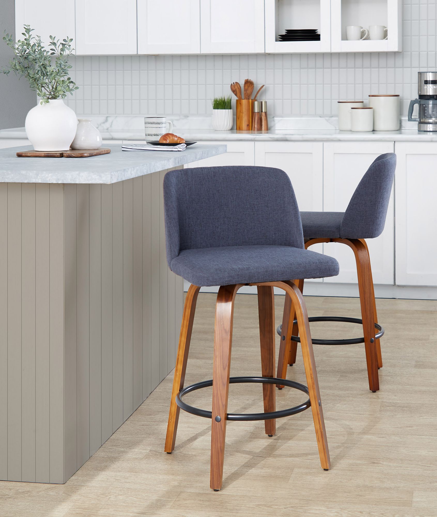 Toriano Counter Stool in Walnut and Blue Fabric by LumiSource Pair