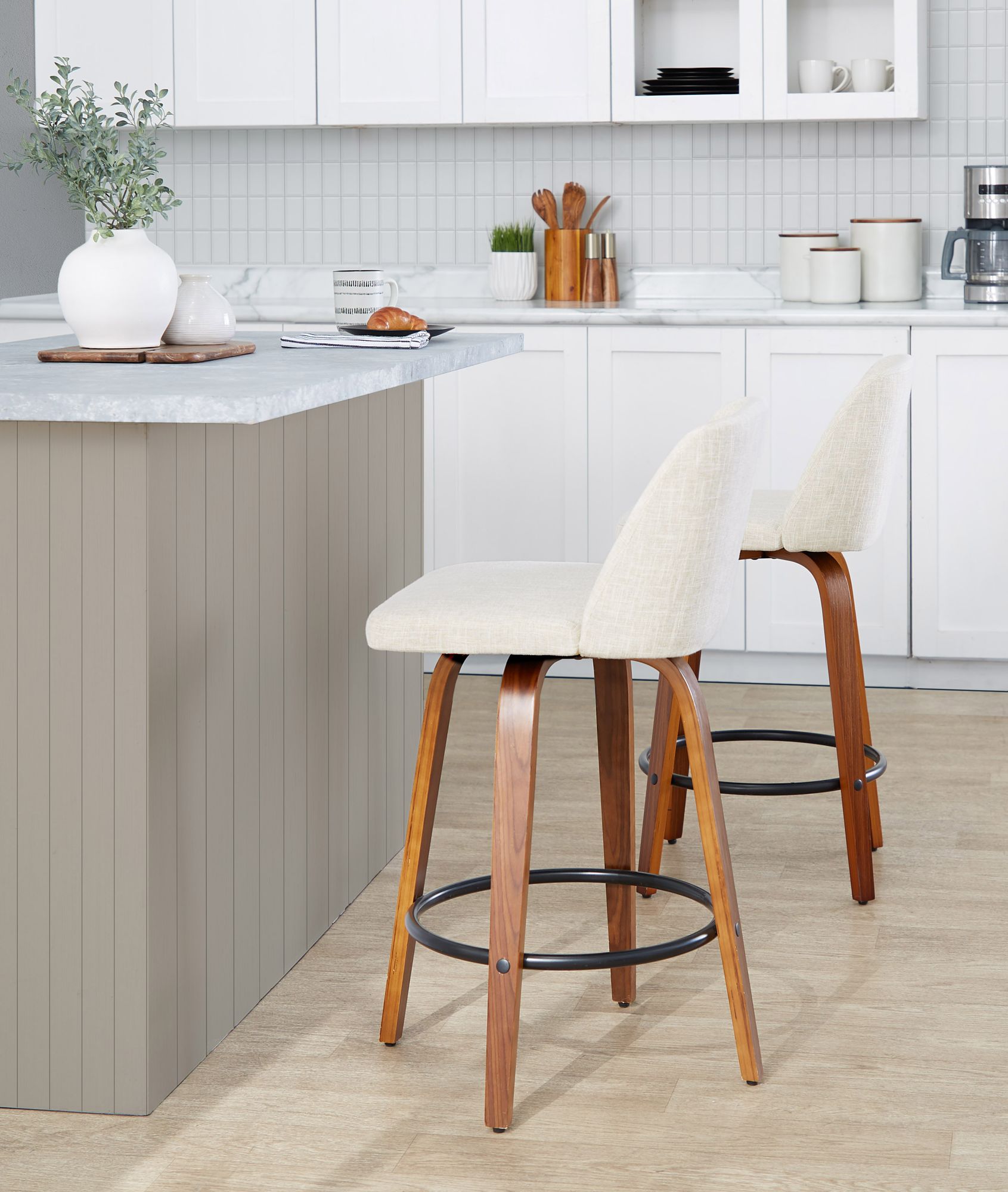 Toriano Counter Stool in Walnut and Cream Fabric by LumiSource Pair