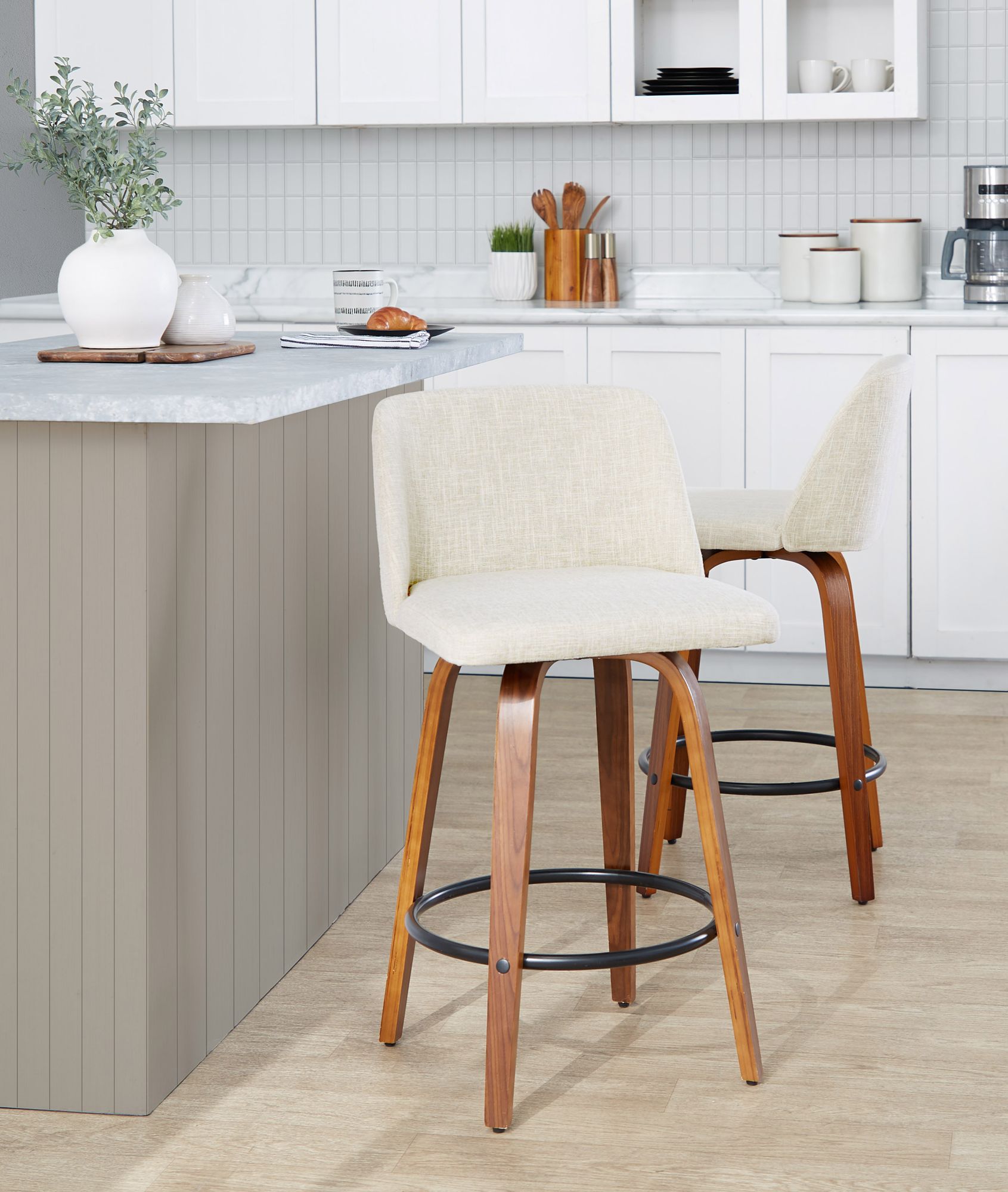 Toriano Counter Stool in Walnut and Cream Fabric by LumiSource Pair