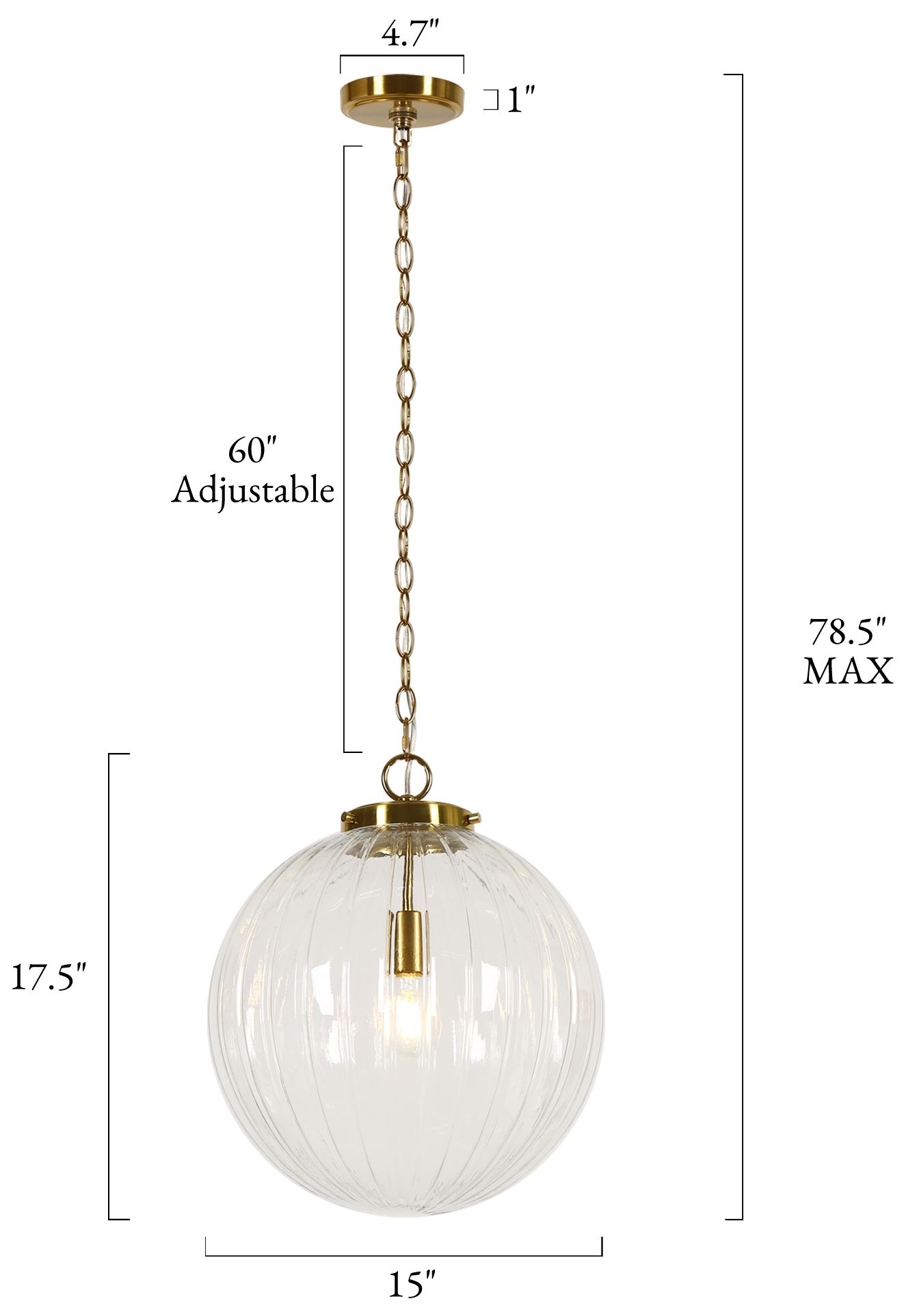 Thumbnail2 of Tororb Modern Brass 15" 1-Light Fluted Clear Glass Globe Pendant Light more views