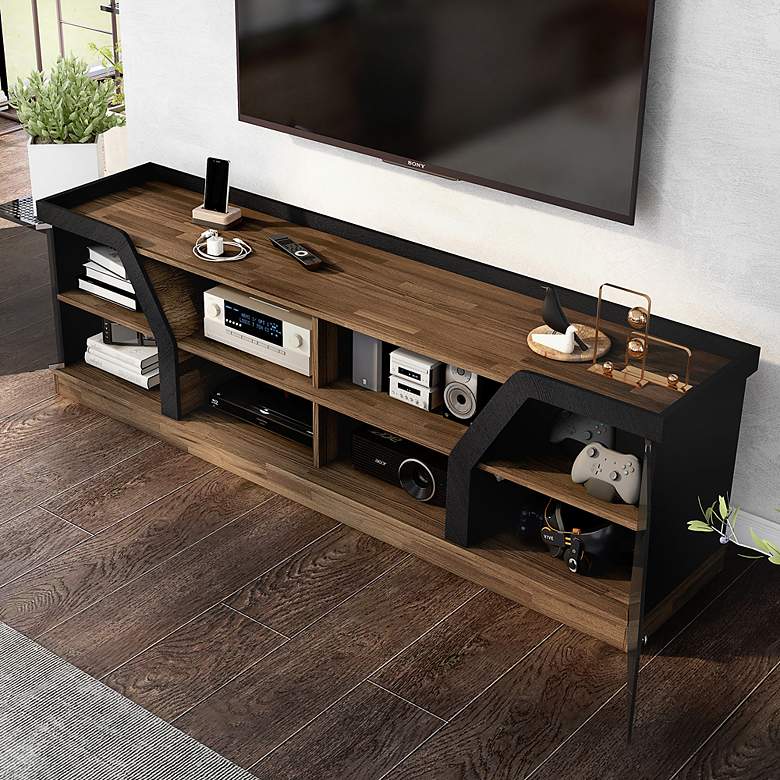 Image 1 Torriston 70 3/4" Wide Light Hickory 8-Shelf 2-Door TV Stand