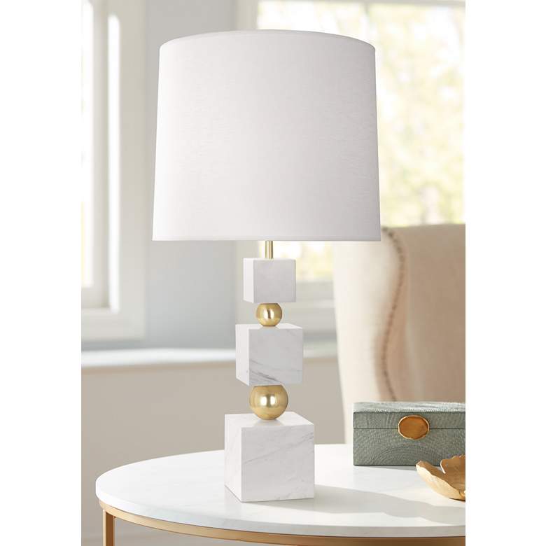 Image 1 Totem Brass and White Marble Table Lamp with Oyster Shade