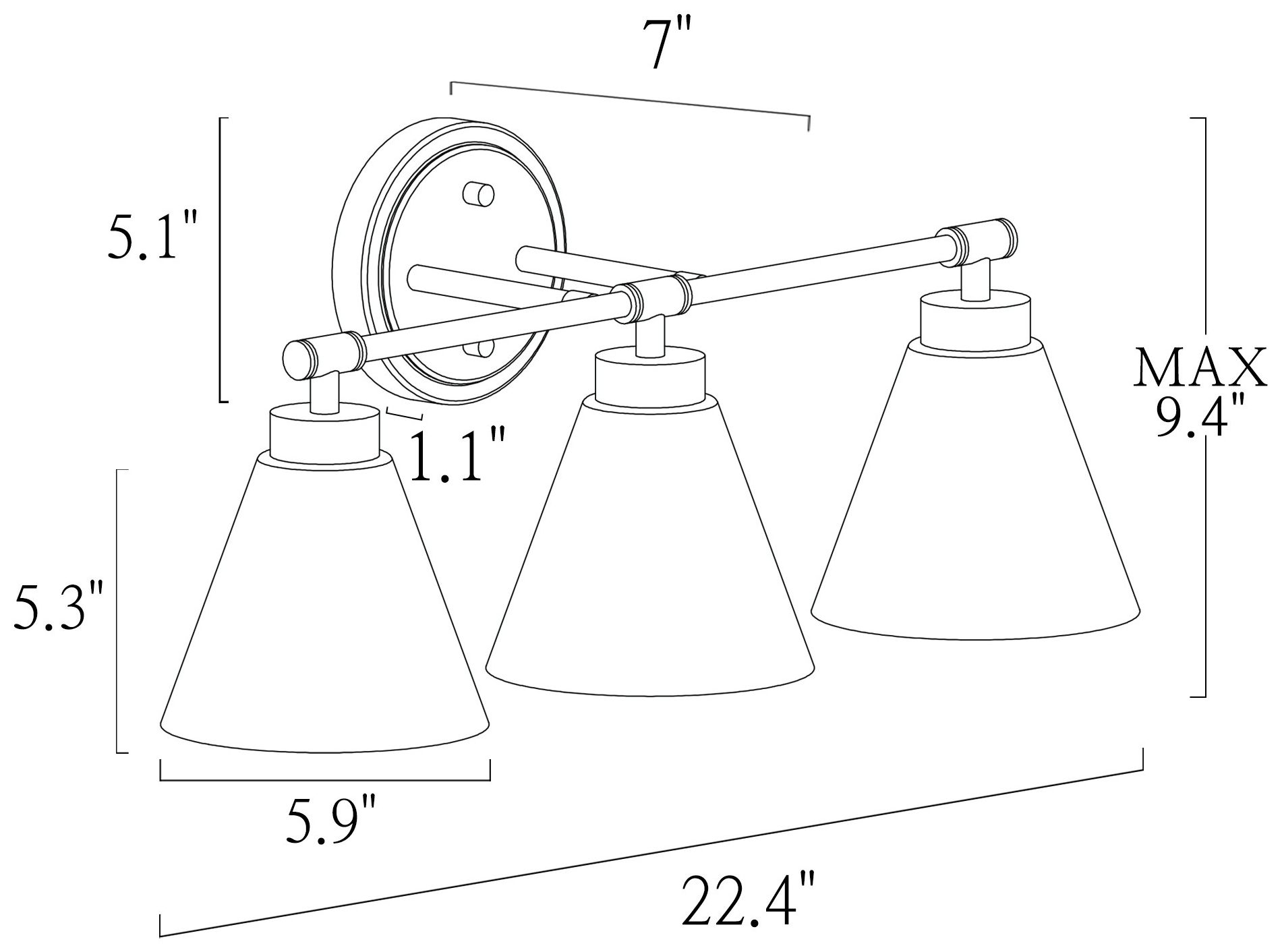 Image 2 Tourmal 22.4"W 3-Light Black Brass Metal Cone Bathroom Vanity Light more views