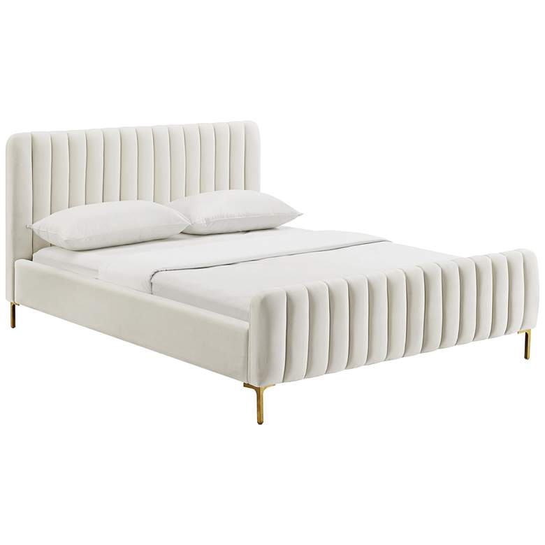 Image 2 TOV Angela 59 3/4" Wide Modern Cream Velvet Channel-Tufted Full Bed