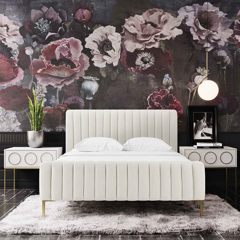 Image 1 TOV Angela 59 3/4" Wide Modern Cream Velvet Channel-Tufted Full Bed