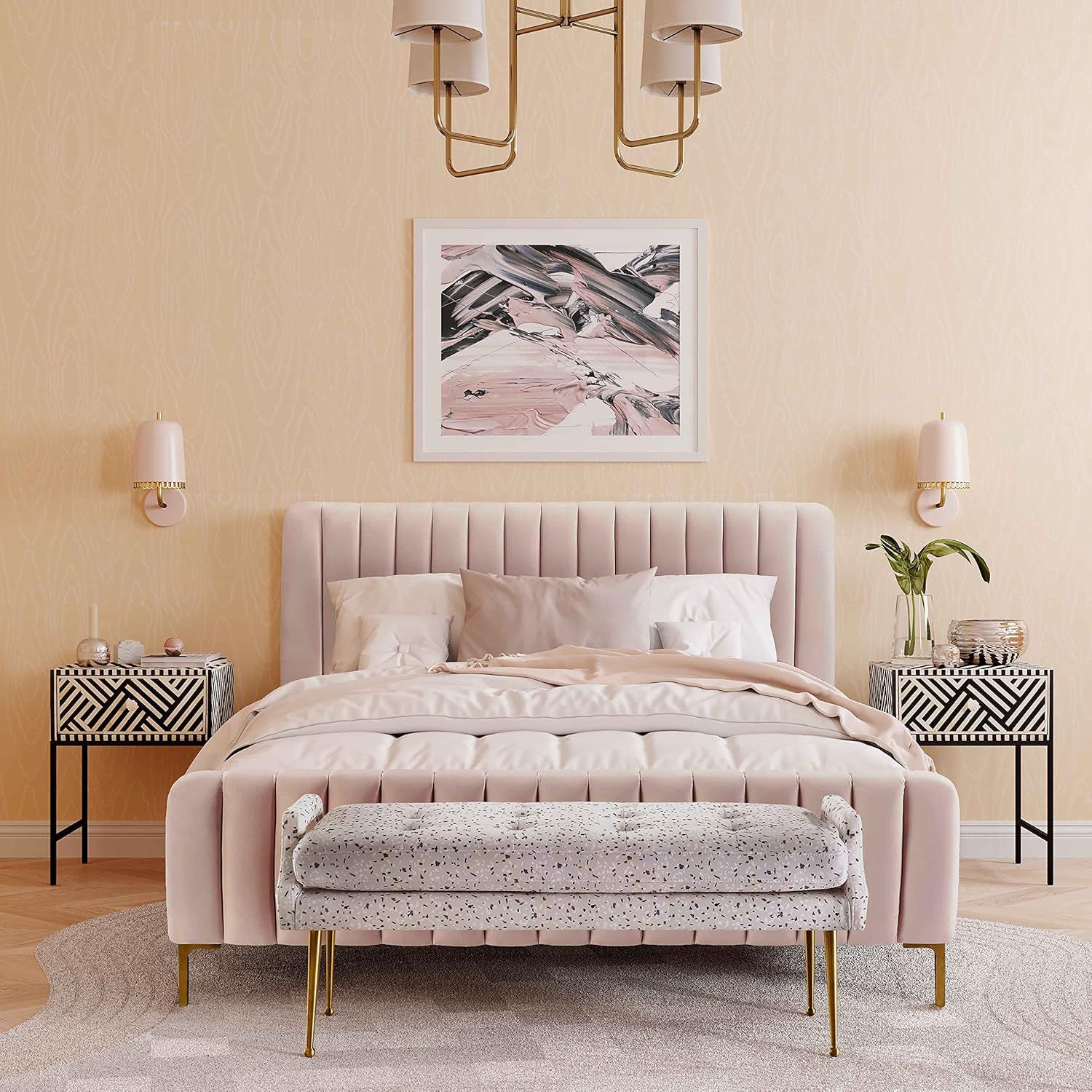 Image 7 TOV Angela Blush Velvet Channel-Tufted Modern Full Size Bed more views