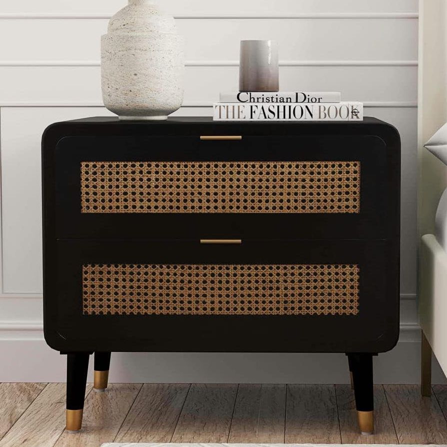 TOV Christine 27" Black and Natural Cane 2-Drawer Modern Nightstand