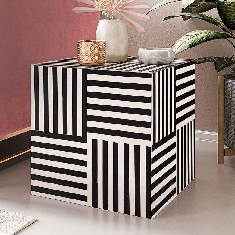 Image 1 TOV Cube 15" Wide White and Black Geometric Pattern Modern Side Table