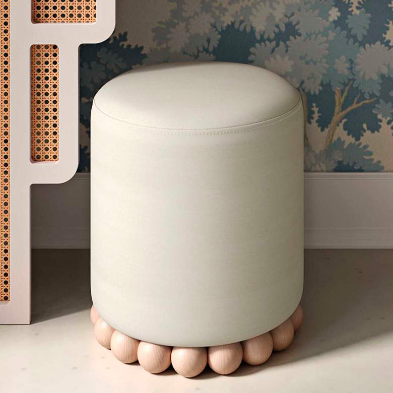 Image 2 TOV Dex 15 3/4" Wide Cream Upcycled Fabric Modern Round Ottoman