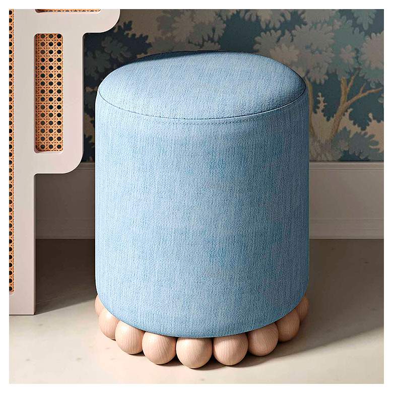 Image 2 TOV Dex 15 3/4" Wide Faded Blue Upcycled Fabric Round Ottoman