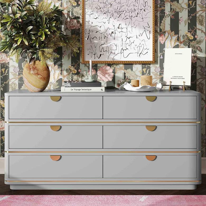 Image 1 TOV Julieta 62" Wide Modern Gray Wood 6-Drawer Bedroom Dresser