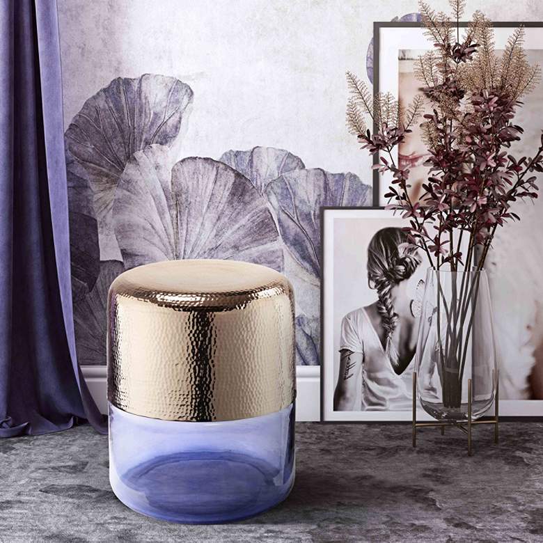 Image 1 TOV Kolla 14" Wide Gold Hand Hammered Metal Purple Glass Side Table