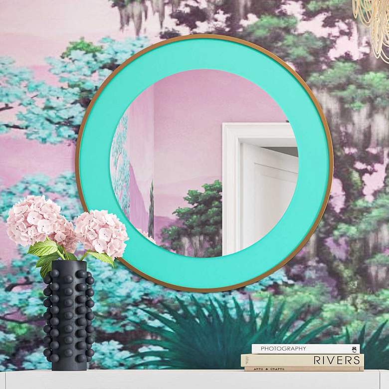 Image 2 TOV Lucille 24" Round Brushed Brass and Turquoise Wall Mirror