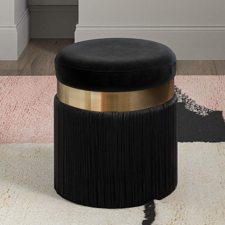 Image 2 TOV Melody 14 1/4" Wide Modern Round Black Tasseled Ottoman