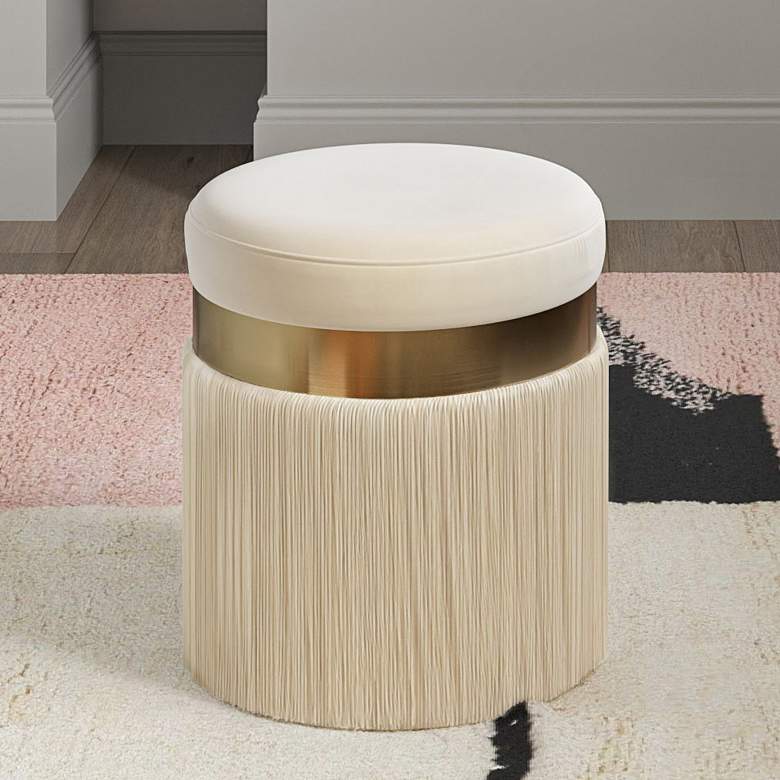 Image 1 TOV Melody 14 1/4" Wide Modern Round Cream Tasseled Ottoman