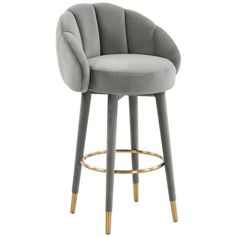Image 2 TOV Myla 23" Wide Modern Light Gray Velvet Swivel Bar Stool