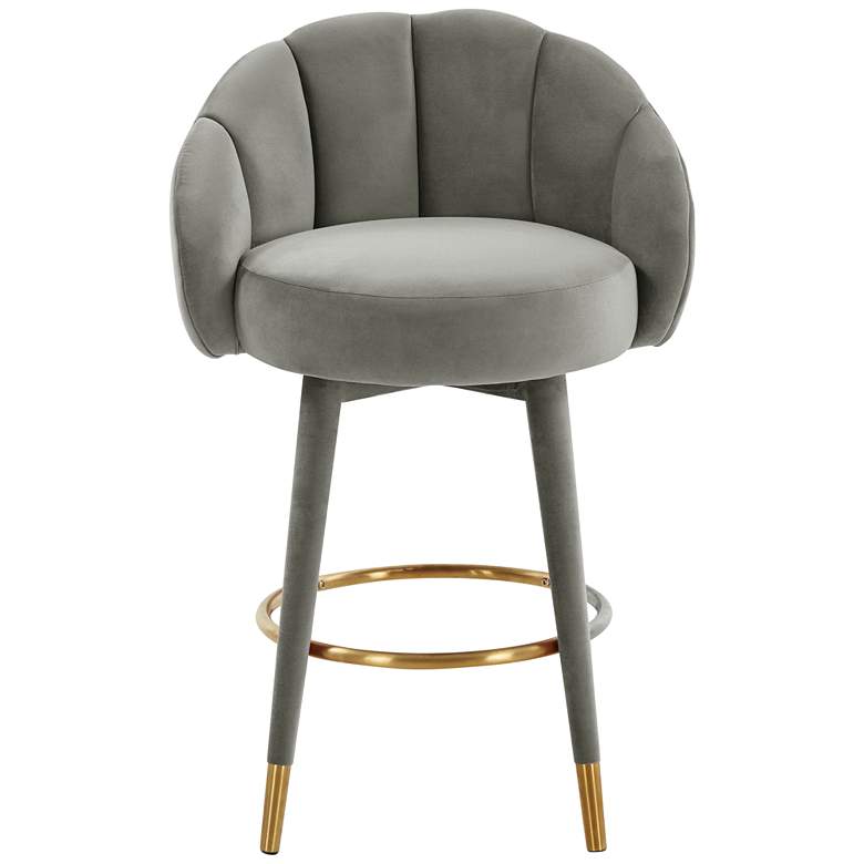Image 6 TOV Myla 26 1/2" Modern Light Gray Velvet Swivel Counter Stool more views