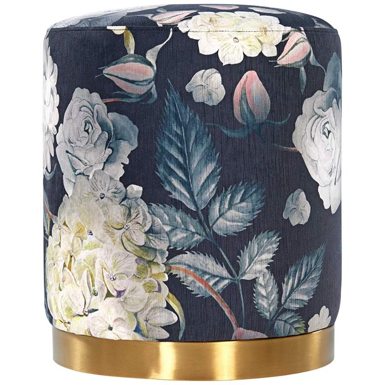 Image 1 TOV Opal 16" Wide Gold Base Floral Velvet Fabric Round Ottoman