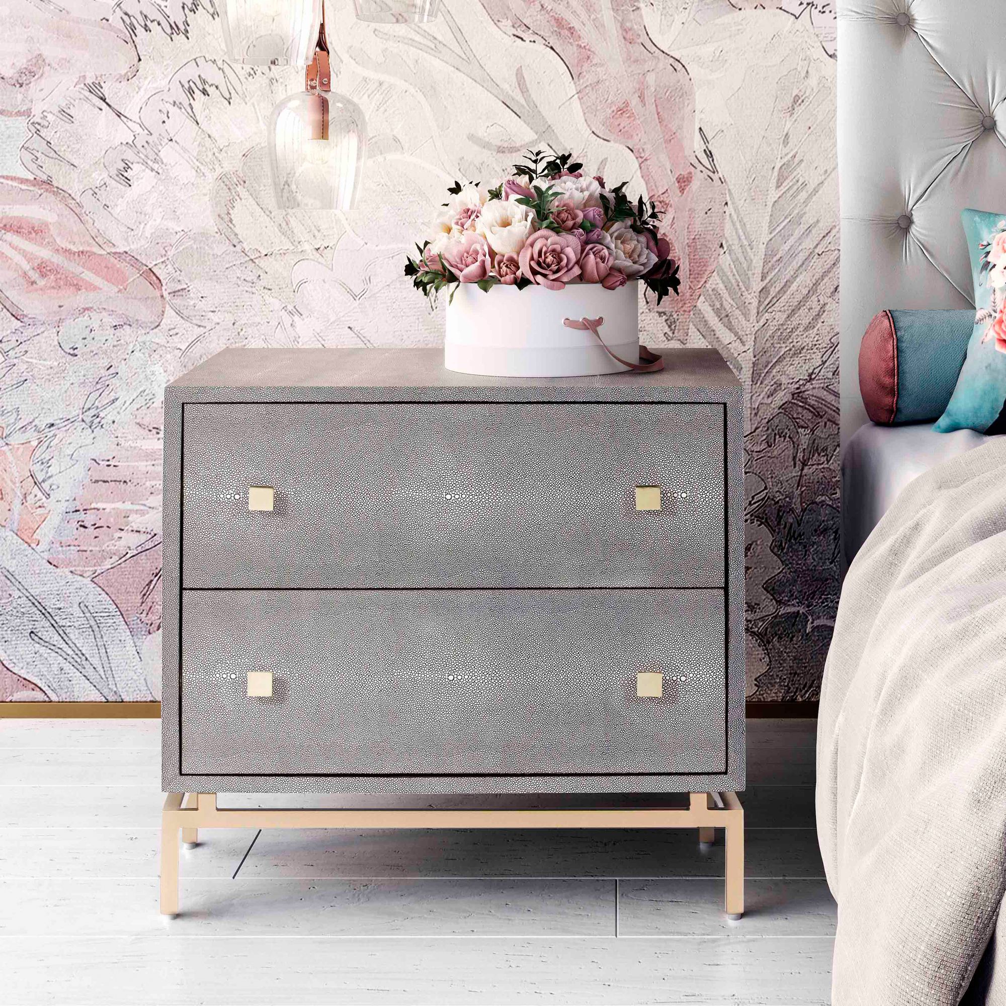 TOV Pesce Shagreen 25" Textured Gray 2-Drawer Nightstands Set of 2 in scene