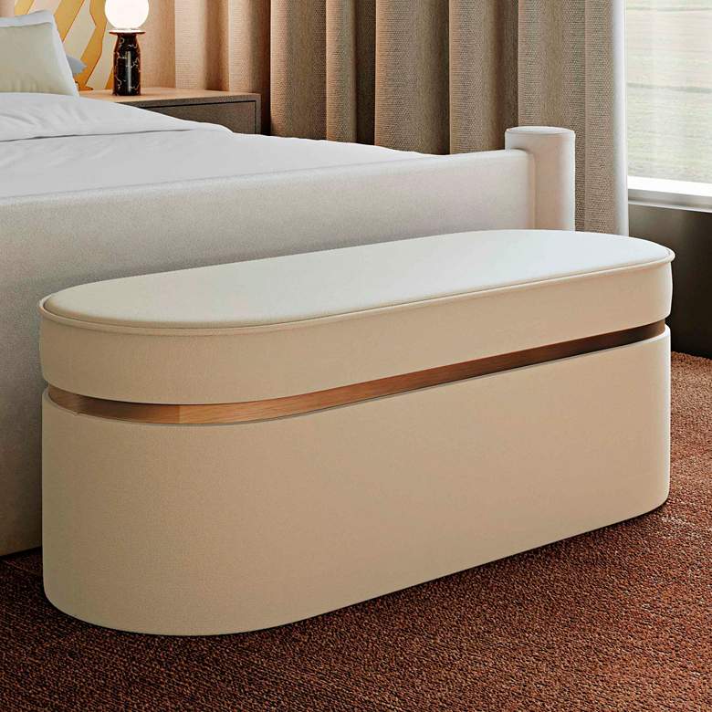 Image 1 TOV Pomp 52" Wide White Cream Velvet Fabric Modern Oval Bench