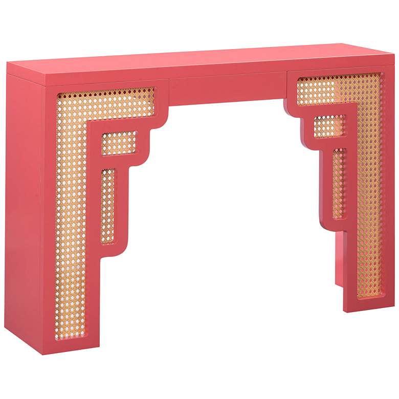 Image 2 TOV Suzie 45" Wide Coral Pink Wood Woven Rattan Console Table