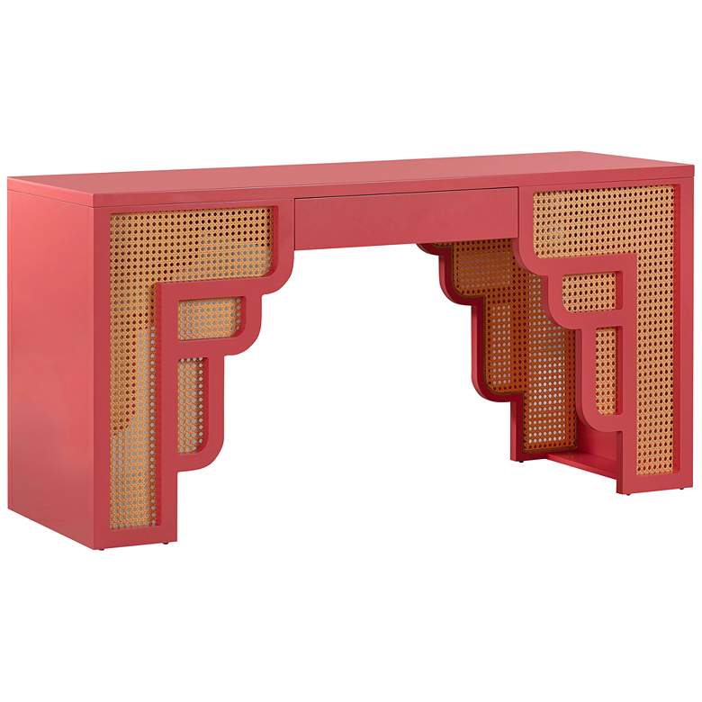 Image 2 TOV Suzie 62" Wide Coral Pink Wood Woven Rattan Rectangular Desk