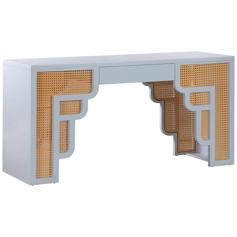 Image 2 TOV Suzie 62" Wide Pastel Blue Wood Woven Rattan Rectangular Desk