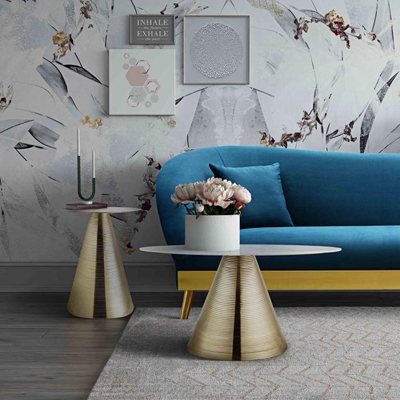 Image 4 TOV Tempo 16" Wide White Marble and Gold Cone Modern Side Table more views